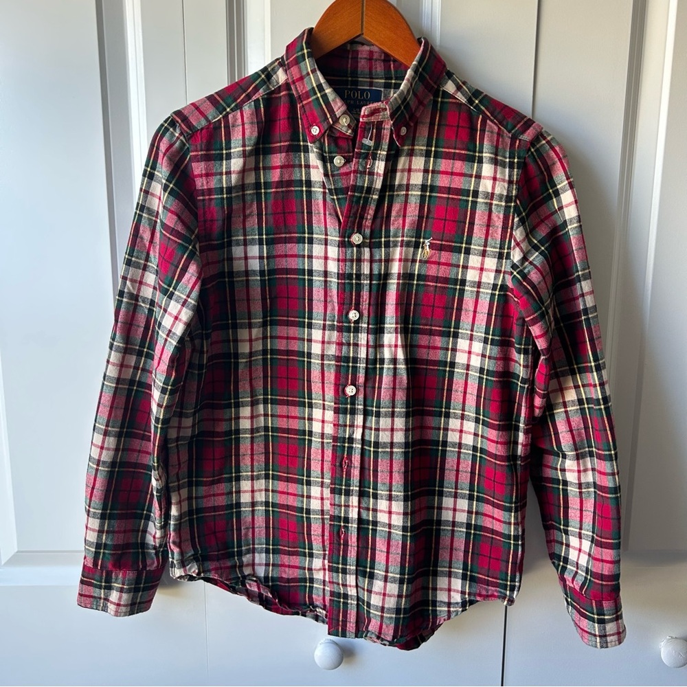 Polo Ralph‎ Lauren Boys Flannel Shirt Red Green Plaid Size L (14–16)